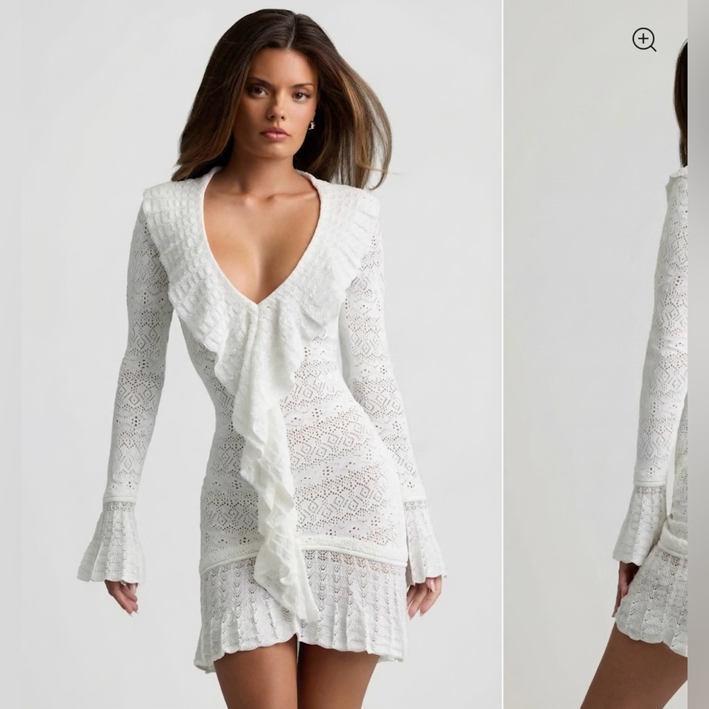 Ruffle-Trim Pointelle-Knit Mini Dress in White - Oh Polly